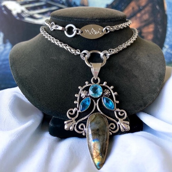 925 Sterling silver overlay natural labradorite sapphire aquamarine necklace - Picture 2 of 16
